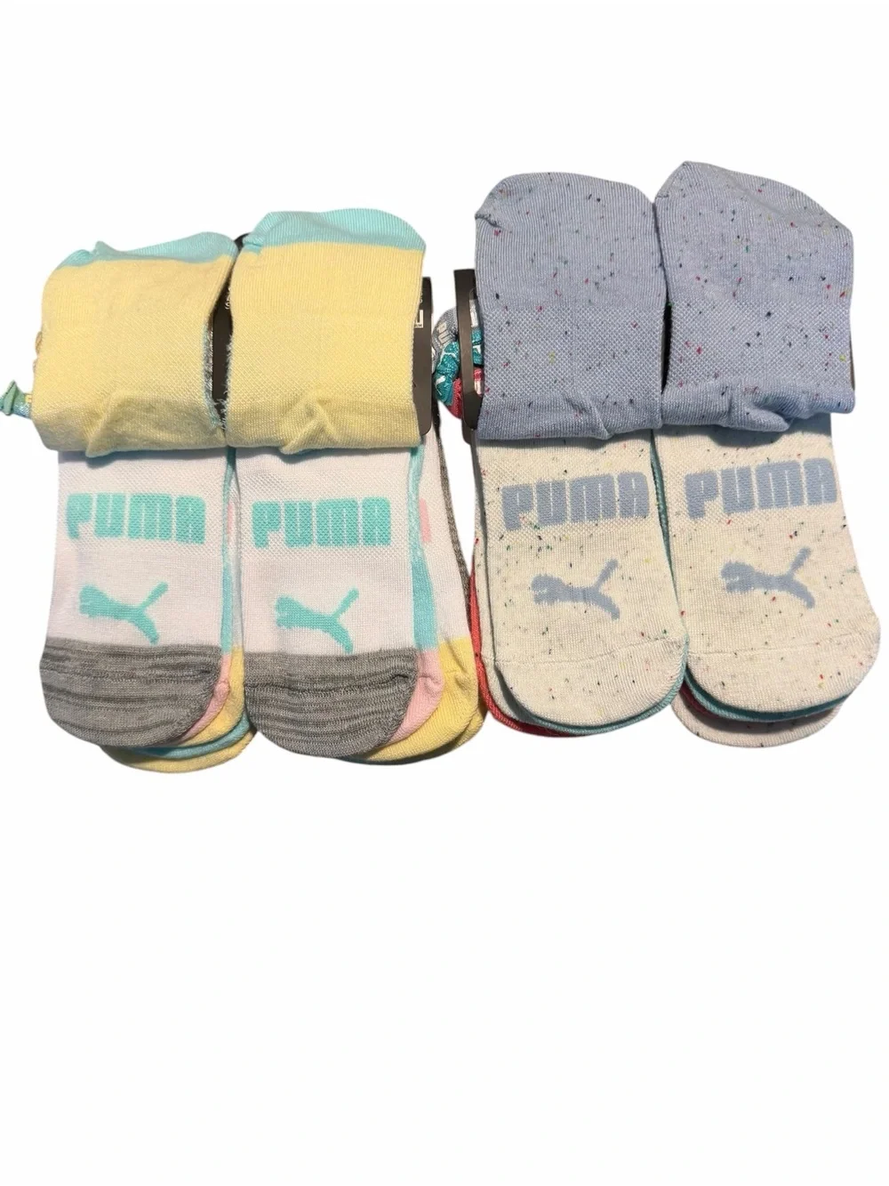 Puma Girls No-Show Socks 6-Pack(x2)with Bonus Hair Ties - Yellow & Blue